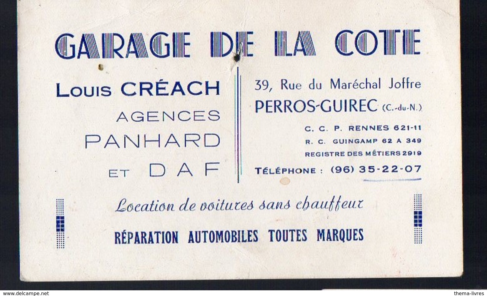 Perros-Guirec (22 Côte D'Armor) Carte GARAGE DE LA CÖTE (louis Créach) Agence Panhard (PPP13039) - Publicités