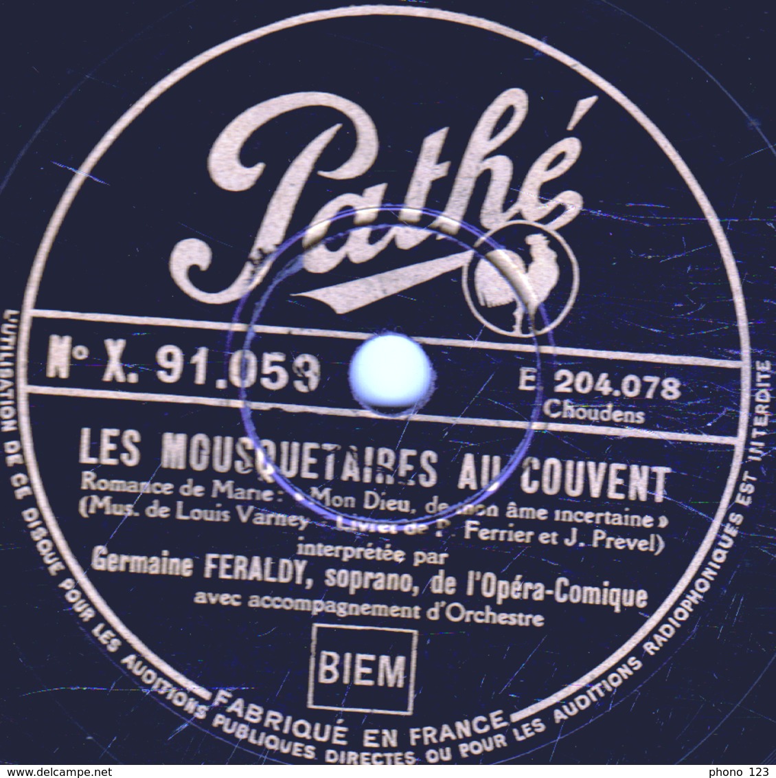 78 T - 25 Cm. - état B - Germaine FERALDY - LES SALTIMBANQUES - La Bergère Colinette - Romance De Marie - 78 T - Disques Pour Gramophone