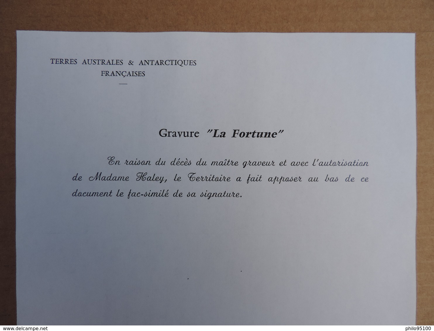 T.A.A.F.  1988 . "La Fortune" Sur Gravure De La Poste .tirage 1500 Exemplaires N°812. - Other & Unclassified