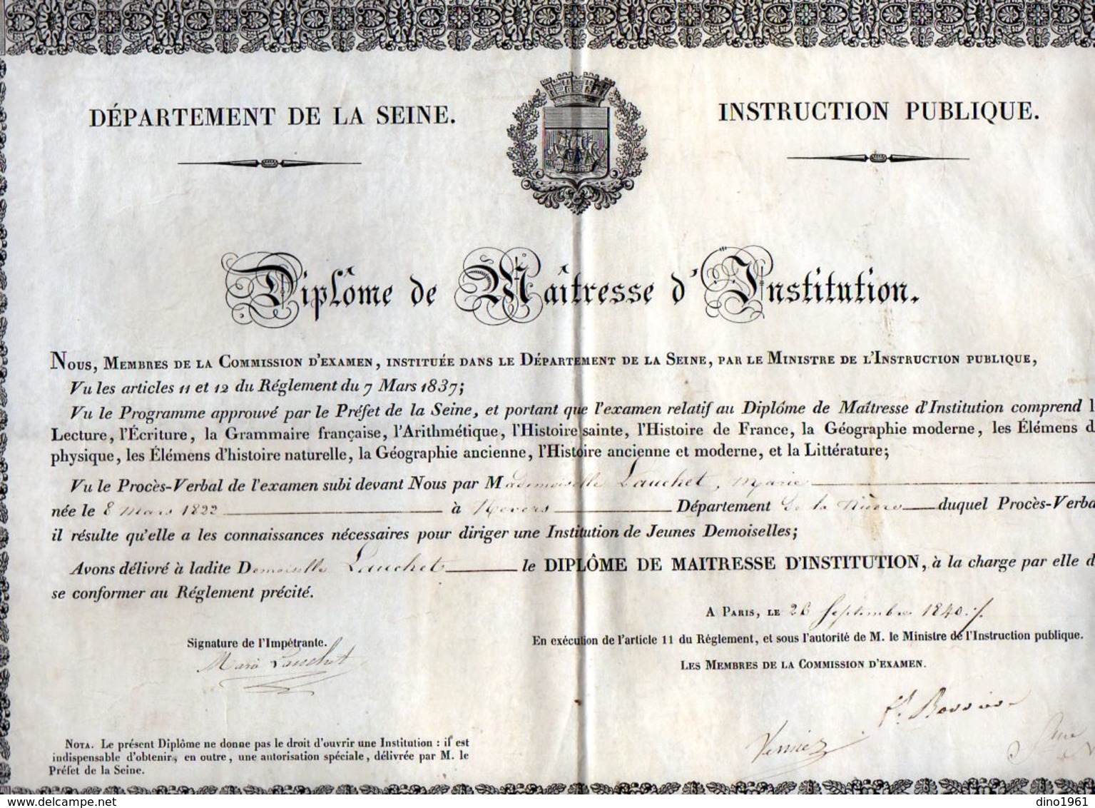 VP12.1889 - PARIS 1840 - Diplôme De Maîtresse D' Institution - Melle Marie LAUCHET Née à NEVERS - Diplômes & Bulletins Scolaires