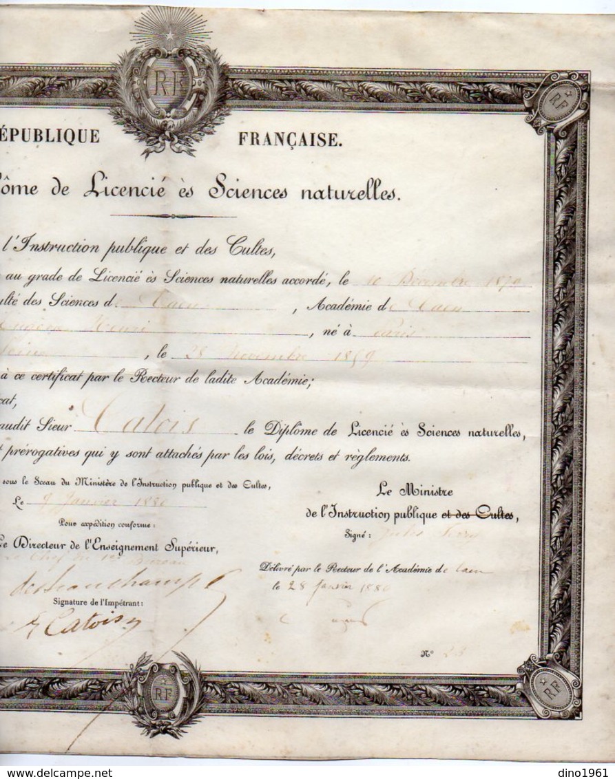 VP12.190 - PARIS 1880 - Diplôme De Licencié ès Siences Naturelles - Mr Eugène Henri CATOIS De CAEN - Diploma's En Schoolrapporten