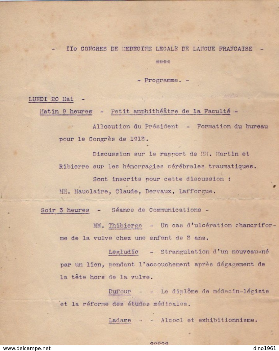 VP12.193 - PARIS 1913 - Programme Du 11è Congrès De Médecine Légale ..... - Programmes