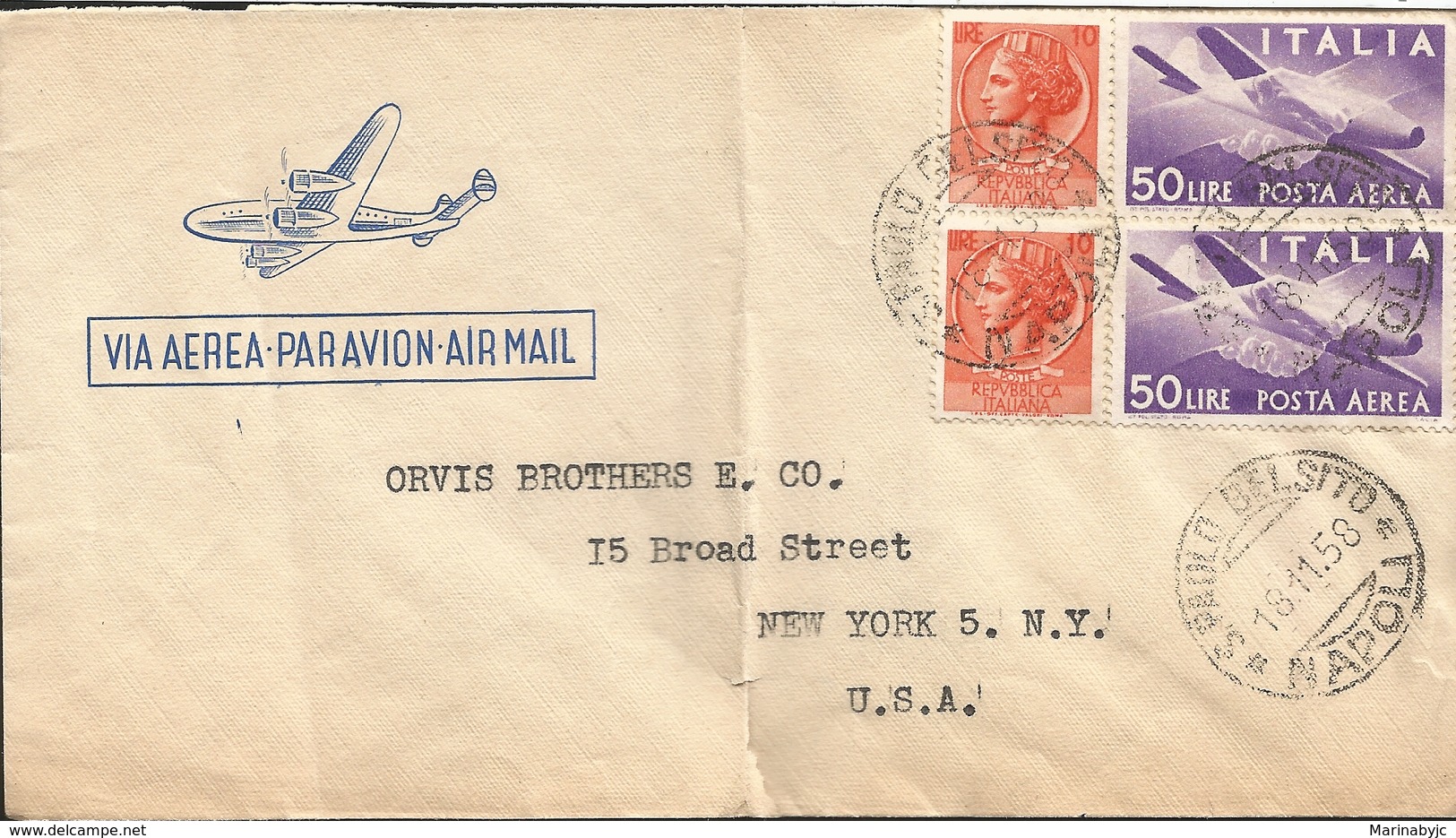 M) 1958 ITALY, AIR MAIL, AIRPLANE IN STAMP OF 50 LIRE, 10 LIRE STAMP, CIRCULATED COVER FROM ITALY TO USA. - Unclassified