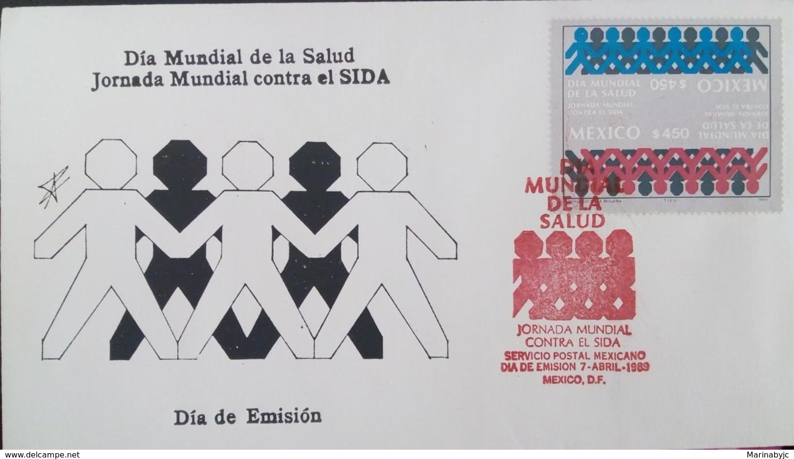 J) 1989 MEXICO, WORLD HEALTH DAY WORLD DAY AGAINST AIDS, PEOPLE TAKING HANDS, FDC - Mexico