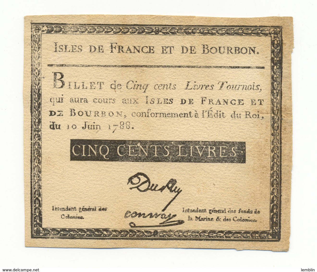 ILES DE FRANCE ET DE BOURBON - 500 LIVRES 1788 - FAC SIMILE DU XIXE SIECLE - Réunion