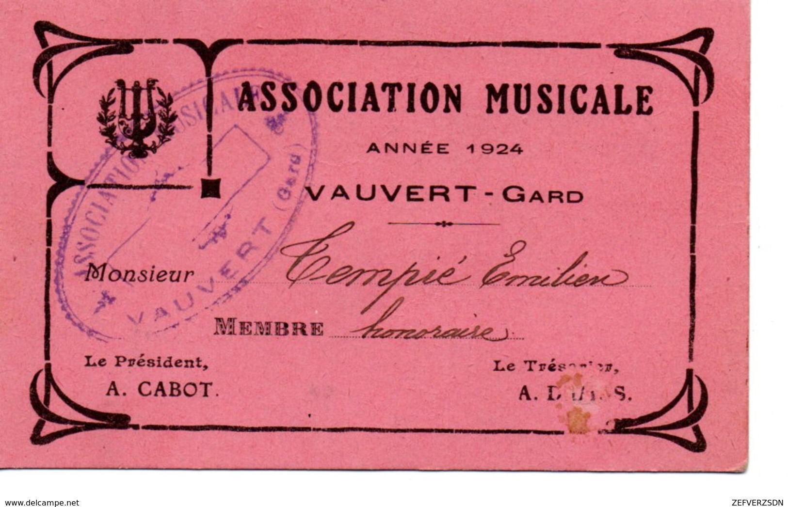 30 VAUVERT CARTE DE MEMBRE  MUSIQUE GARD ASSOCIATION - Cartes De Visite