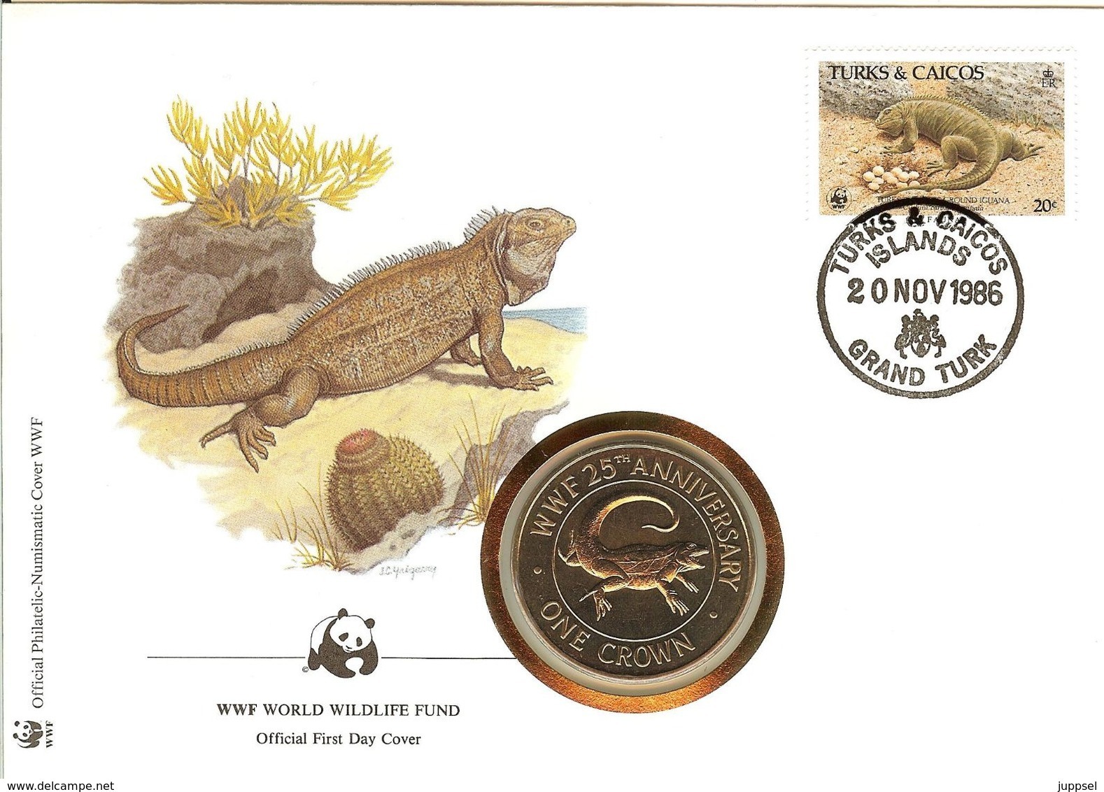 WWF NUMISBRIEF, Leguan / COIN COVER, TURKS & CAICOS, Iguana  /  ENVELOPPE NUMISMATIQUE, Iguane  1986 - Lettres & Documents