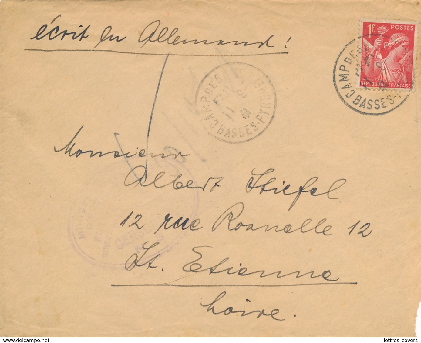 IRIS OBL " CAMP DE GURS PYRÉNÉES ORIENTALES 11/9/41 " + CENSURE N°3 VIOLETTE - LETTRE > ST ETIENNE LOIRE - INTERNÉ WW2 - Guerre Mondiale (Seconde)