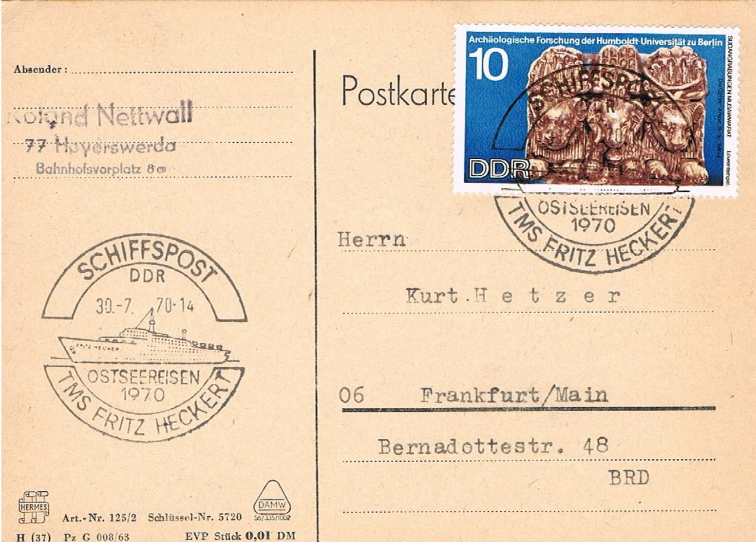 Schiffspost DDR 30.7.70 Ostseereisen 1970 TMS Fritz Heckert - Briefe U. Dokumente