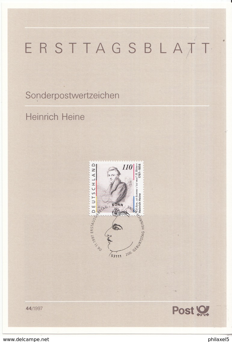 West-Duitsland - Ersttagsblatt - 44/1997 - 200. Geburtstag Von Heinrich Heine - Michel 1962 - Schrijvers