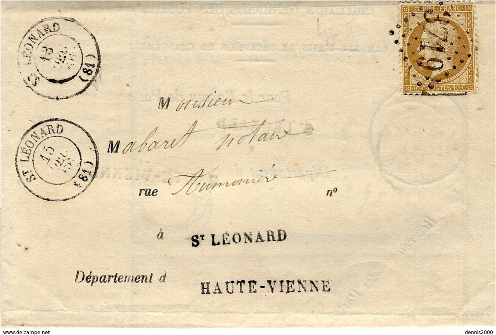 1866- Avis De Chargement De St LEONARD ( Haute Vienne)cad T 18  Affr. N°21 Oblit. G C 3719 - Courrier Local - 1849-1876: Periodo Classico