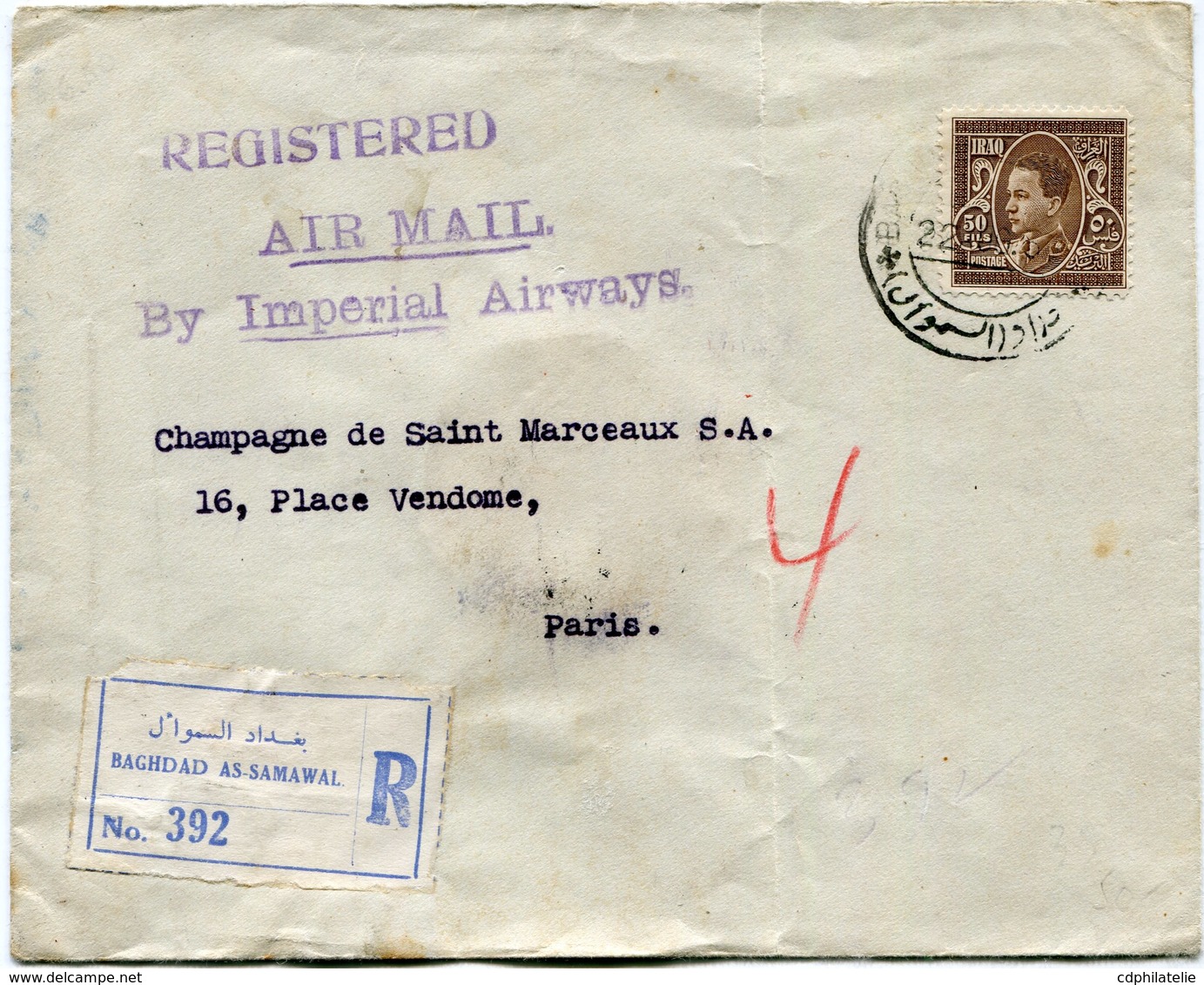 IRAQ LETTRE RECOMMANDEE PAR AVION "BY IMPERIAL AIRWAYS" DEPART BAGHDAD 22 AUG 39 POUR LA FRANCE - Iraq