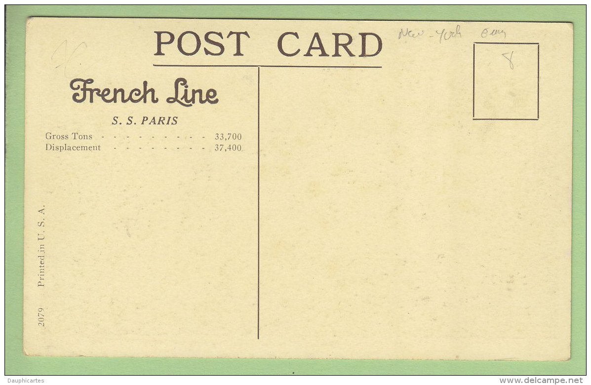 French Line S.S. Paris New York Plymouth Havre Service. Printed In USA. 2 Scans. - Transports