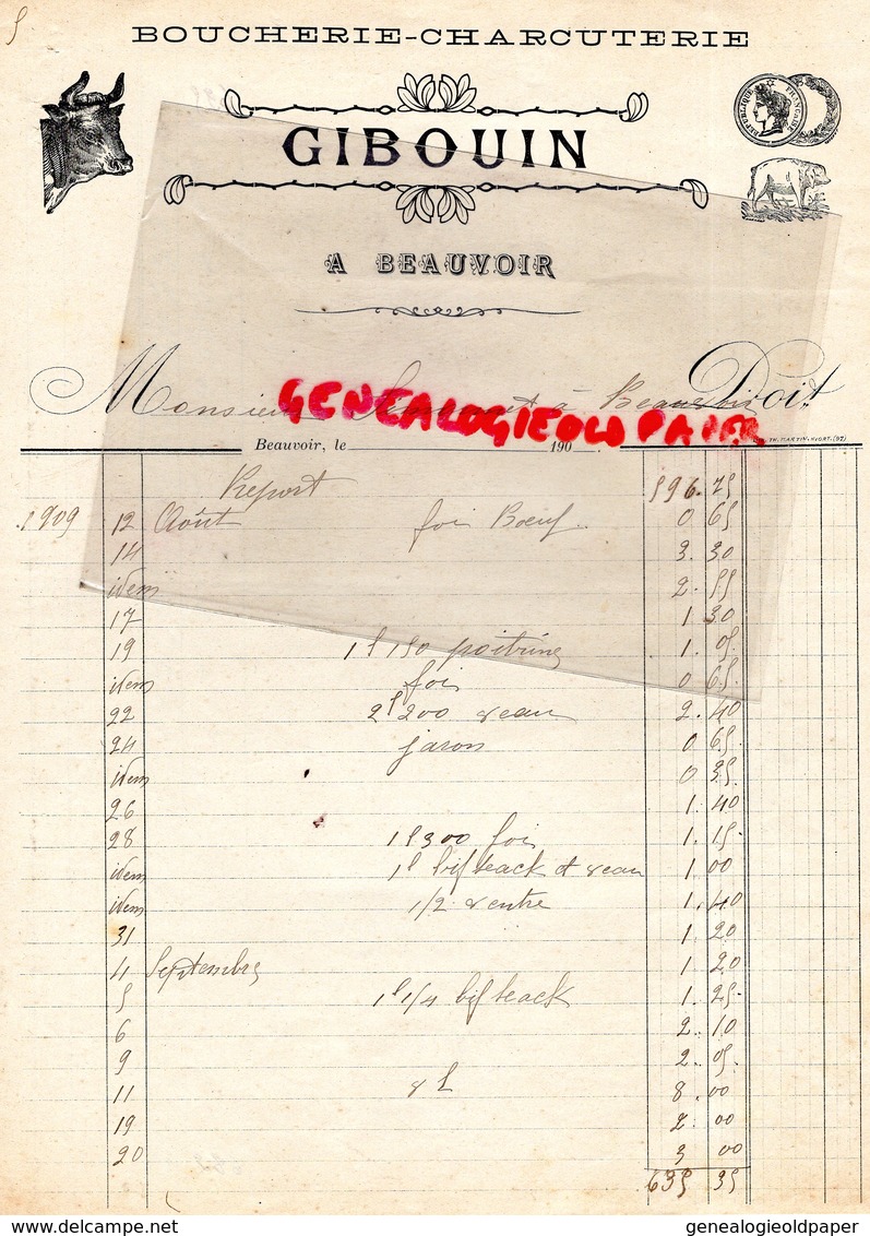 79 - BEAUVOIR - BELLE FACTURE GIBOUIN - BOUCHERIE CHARCUTERIE - 1909 - Straßenhandel Und Kleingewerbe