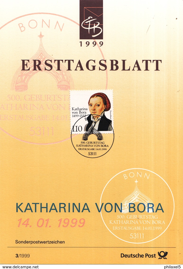 West-Duitsland - Ersttagsblatt - 3/1999 - 500. Geburtstag Von Katharina Von Bora - Gattin Martin Luthers - Michel 2029 - Andere & Zonder Classificatie