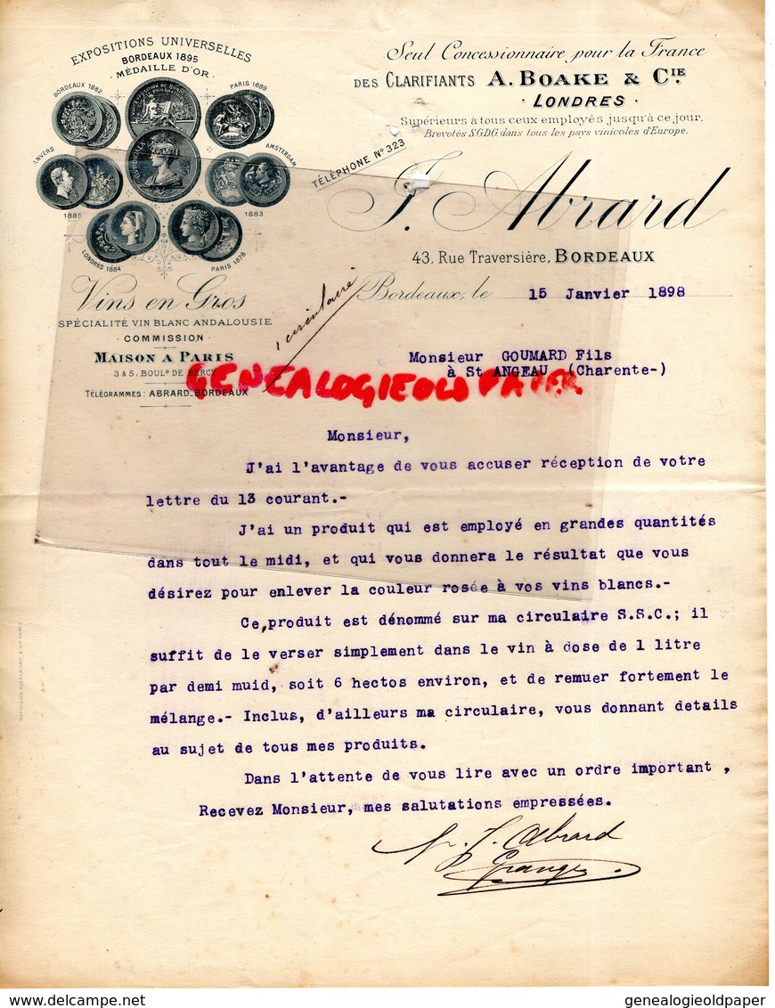 33- BORDEAUX- LETTRE SIGNEE J. ABRARD - VINS EN GROS-CLARIFIANTS A. BOAKE -LONDRES- 43 RUE TRAVERSIERE-1898 - Old Professions