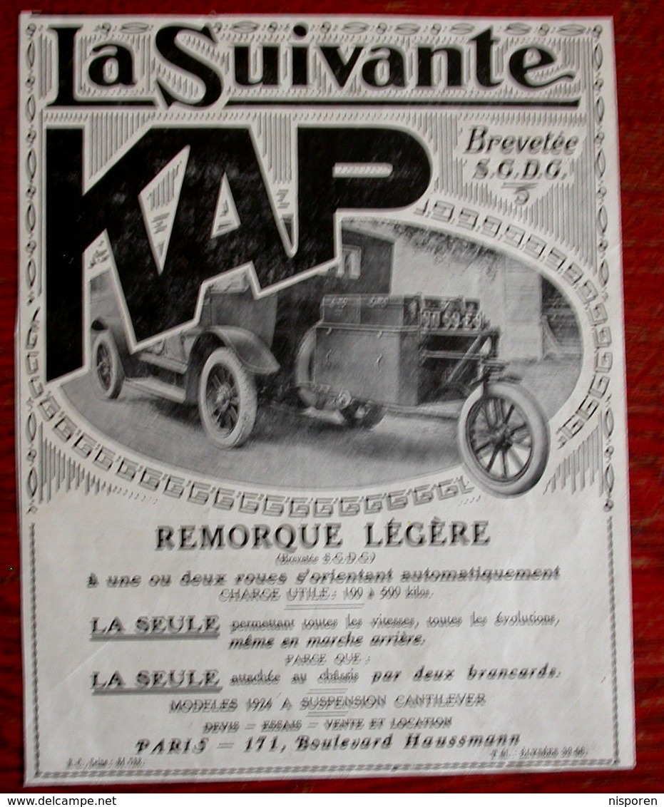 Publicité L'illustration 1924 - Automobile Ancienne - Remorque Légère Kap La Suivante - Advertising