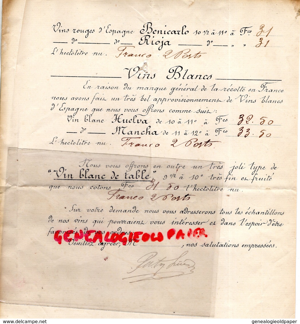 17- LA ROCHELLE- RARE LETTRE SIGNEE PATRY FRERES- IMPORTATION VINS ETRANGERS-  1898- VINS ESPAGNE BENICARLO-RIOJA-HUELVA - 1800 – 1899