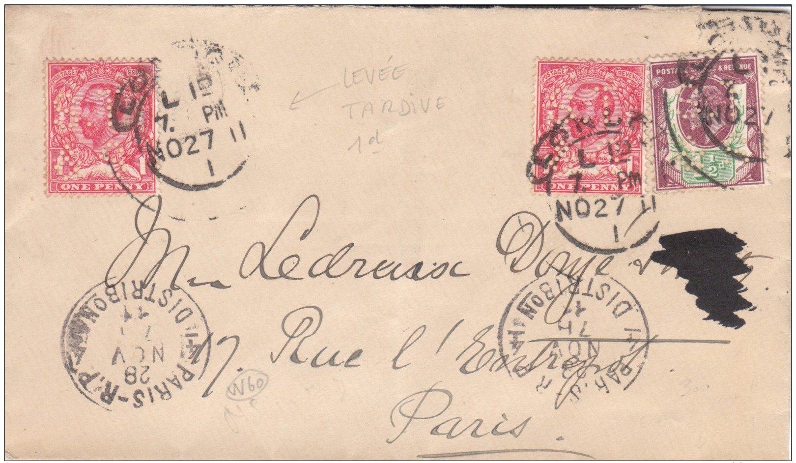 Pli GB Pour France, Avec Cachets Sur Timbres 2&amp;1/2d Pour Port + Timbre 1d Pour Levée Tardive. 1911. - Perfins