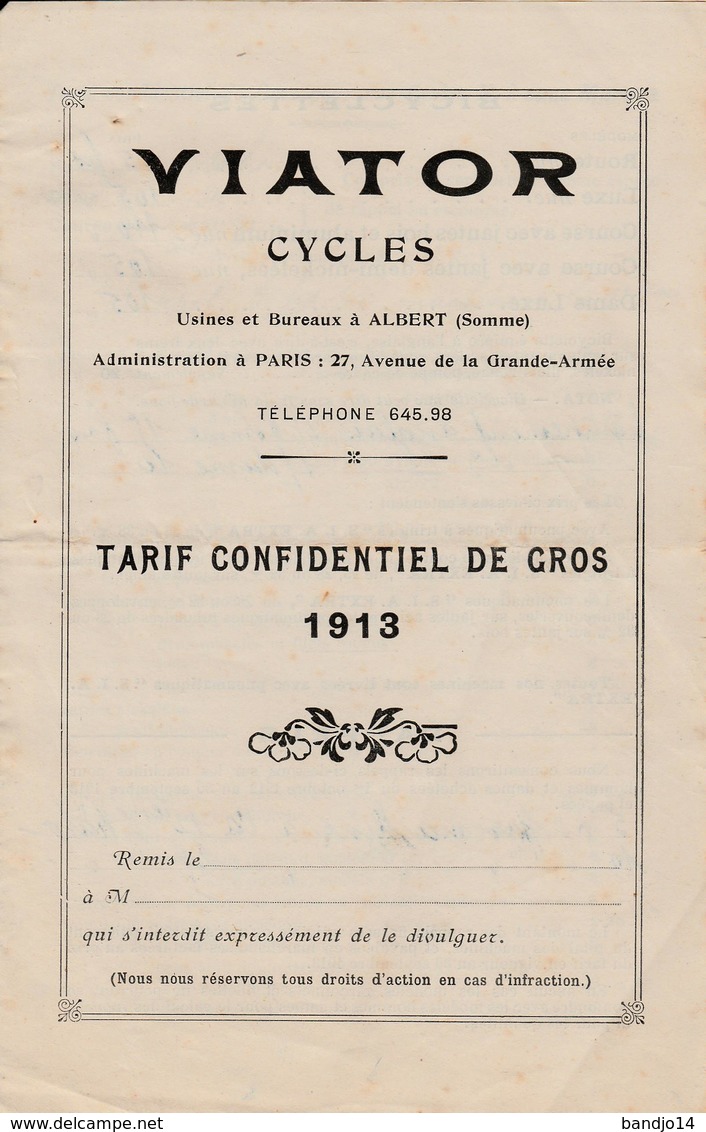 Albert ( Somme) - Paris- 1913 - RARE - Catalogue Cycles "Viator" + Document Publicitaire ( Buvard ??) - Autres & Non Classés