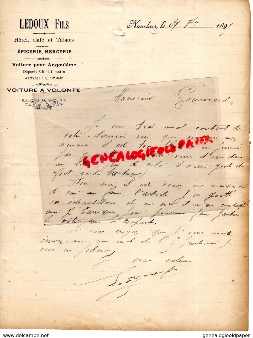 16- NANCLARS- RARE LETTRE MANUSCRITE SIGNEE LEDOUX FILS- HOTEL CAFE TABACS- EPICERIE MERCERIE-VOITURE 1897 - Straßenhandel Und Kleingewerbe