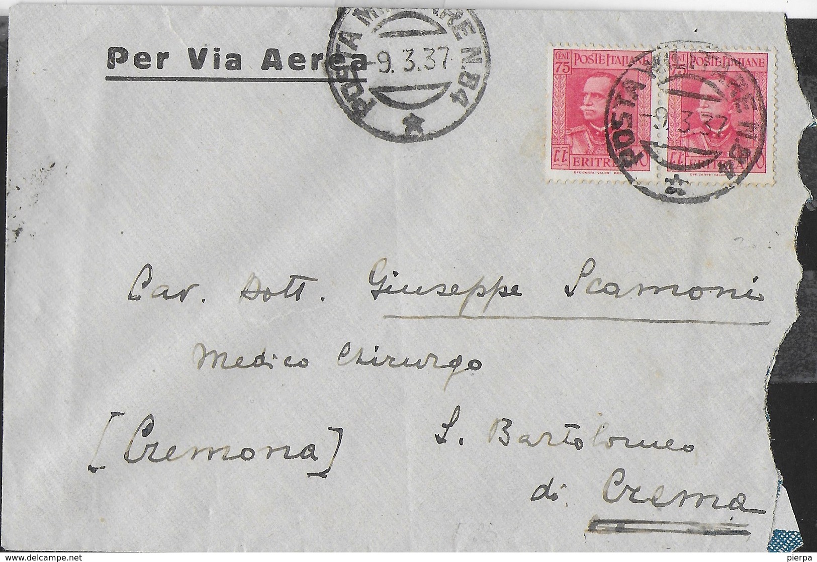ETIOPIA - POSTA MILITARE N.84 (1- P4) SU BUSTA VIA AEREA 09.03.1937 PER CREMA - Ethiopia