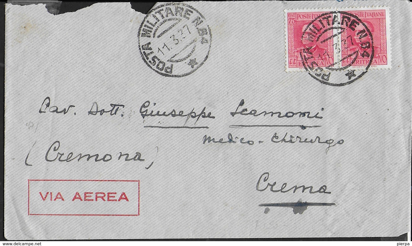 ETIOPIA - POSTA MILITARE N.84 (1- P4) SU BUSTA VIA AEREA 11.03.1937 PER CREMA - Ethiopia