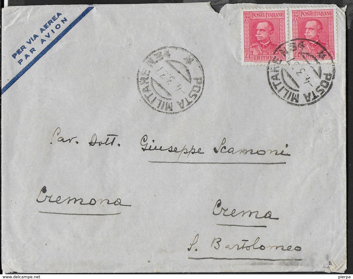 ETIOPIA - POSTA MILITARE N.84 (1- P4) SU BUSTA VIA AEREA 04.03.1937 PER CREMA - Ethiopia