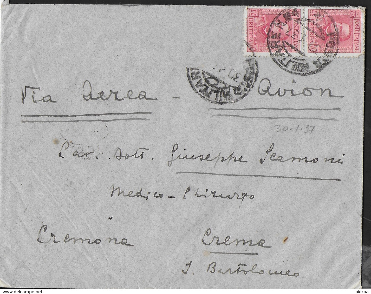 ETIOPIA - POSTA MILITARE N.84 (1- P4) SU BUSTA VIA AEREA 30.01.1937 PER CREMA - Ethiopia