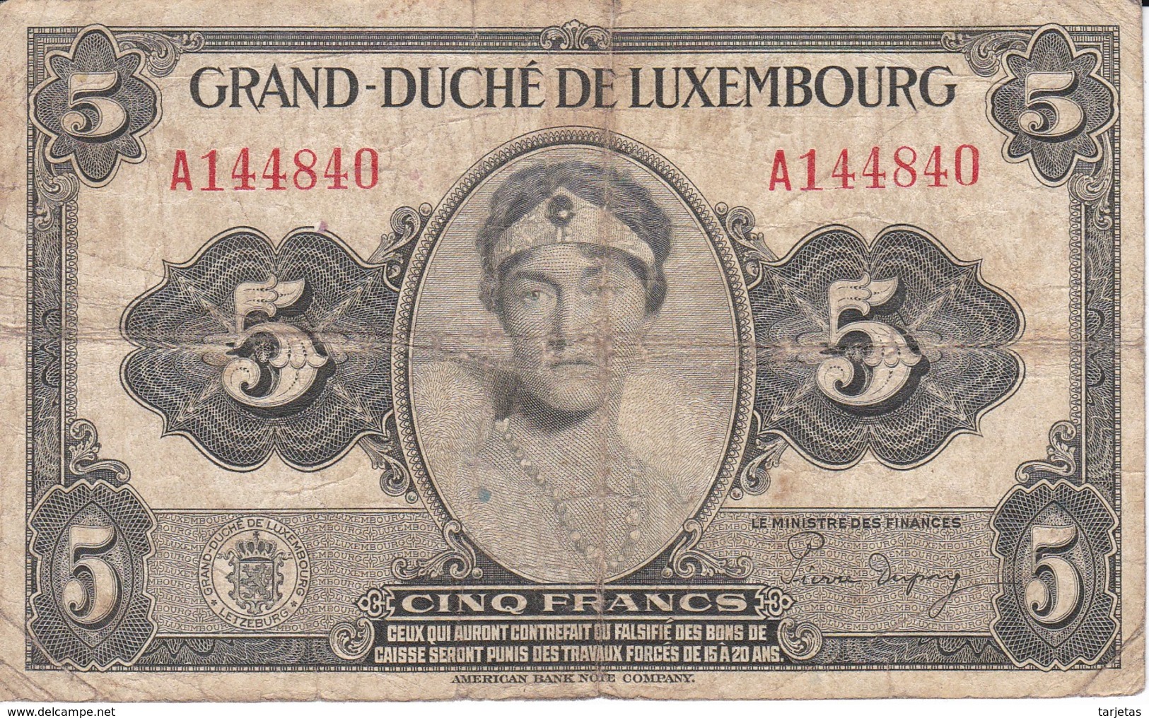 BILLETE DE LUXEMBURGO DE 5 FRANCS DEL AÑO 1944 (BANKNOTE) - Luxemburgo