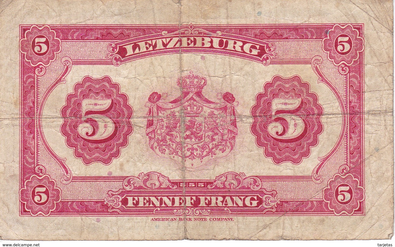 BILLETE DE LUXEMBURGO DE 5 FRANCS DEL AÑO 1944 (BANKNOTE) - Luxemburgo