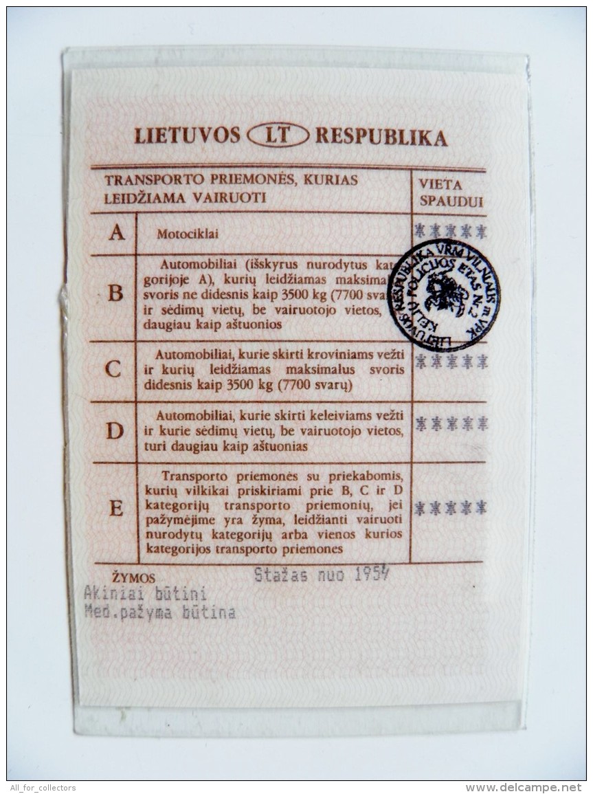 Plastic Card Driving License Driver's From Lithuania 1998 Permis De Conduire - Documents Historiques