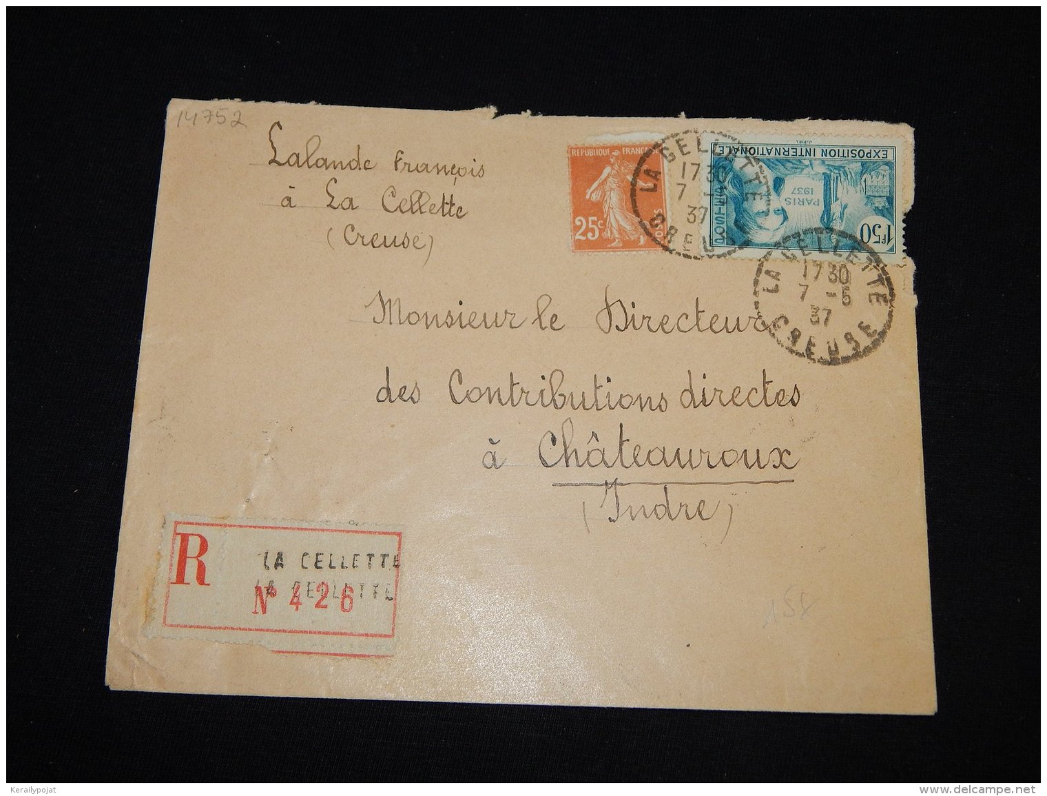 France 1937 La Celletter Registered Cover__(L-14752) - Covers & Documents