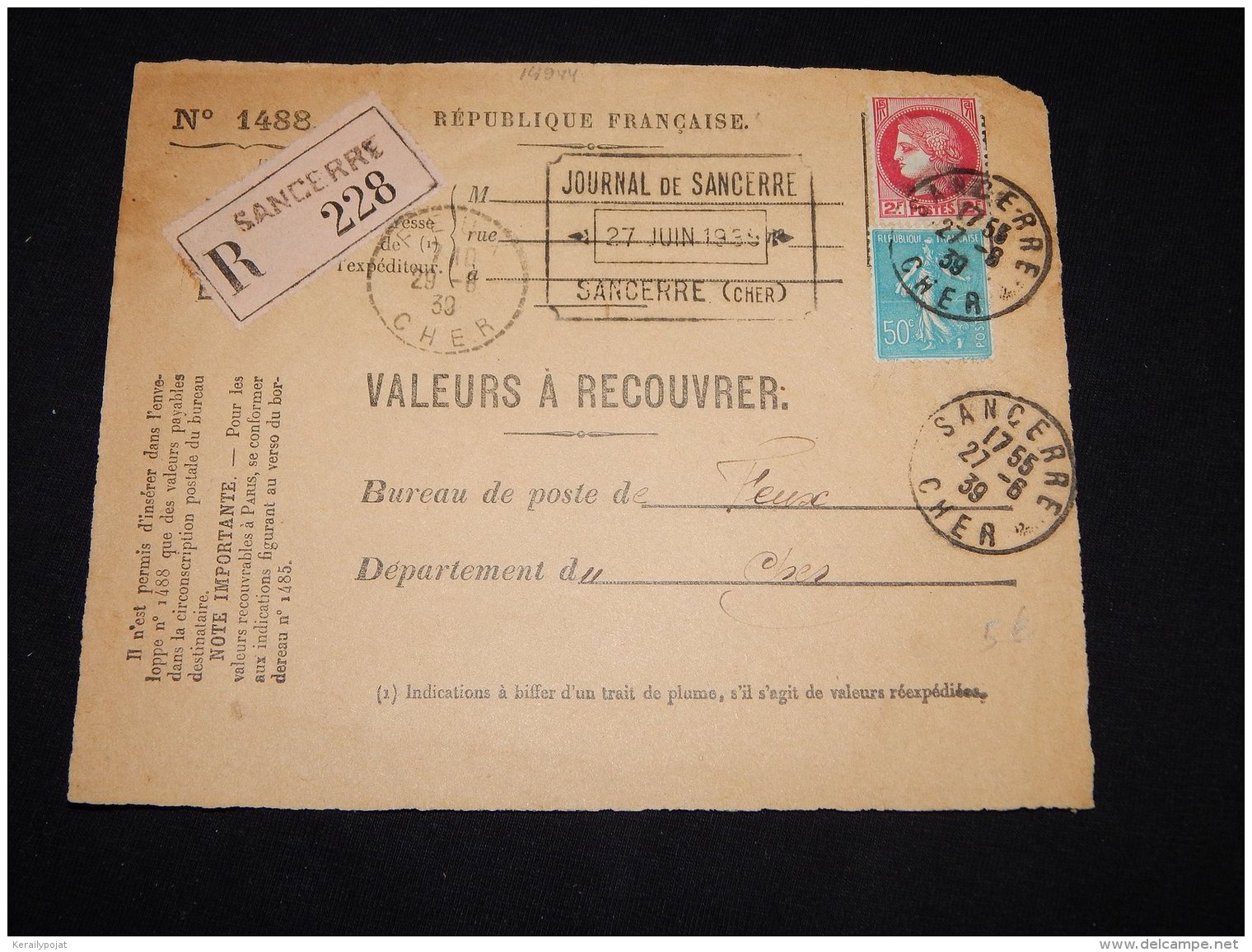 France 1939 Sancerre Registered Paper__(L-14944) - Storia Postale