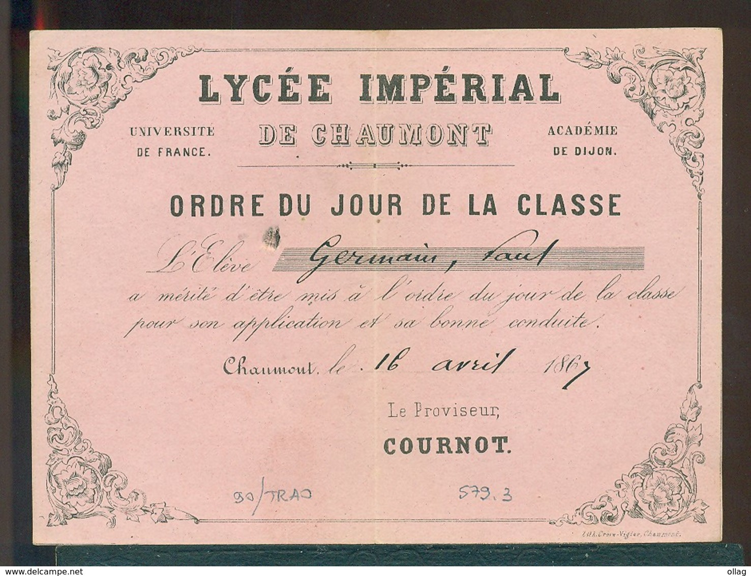 579 -  ORDRE DU JOUR DE LA CLASSE " BON POINT " CHAUMONT 1867 - Unclassified