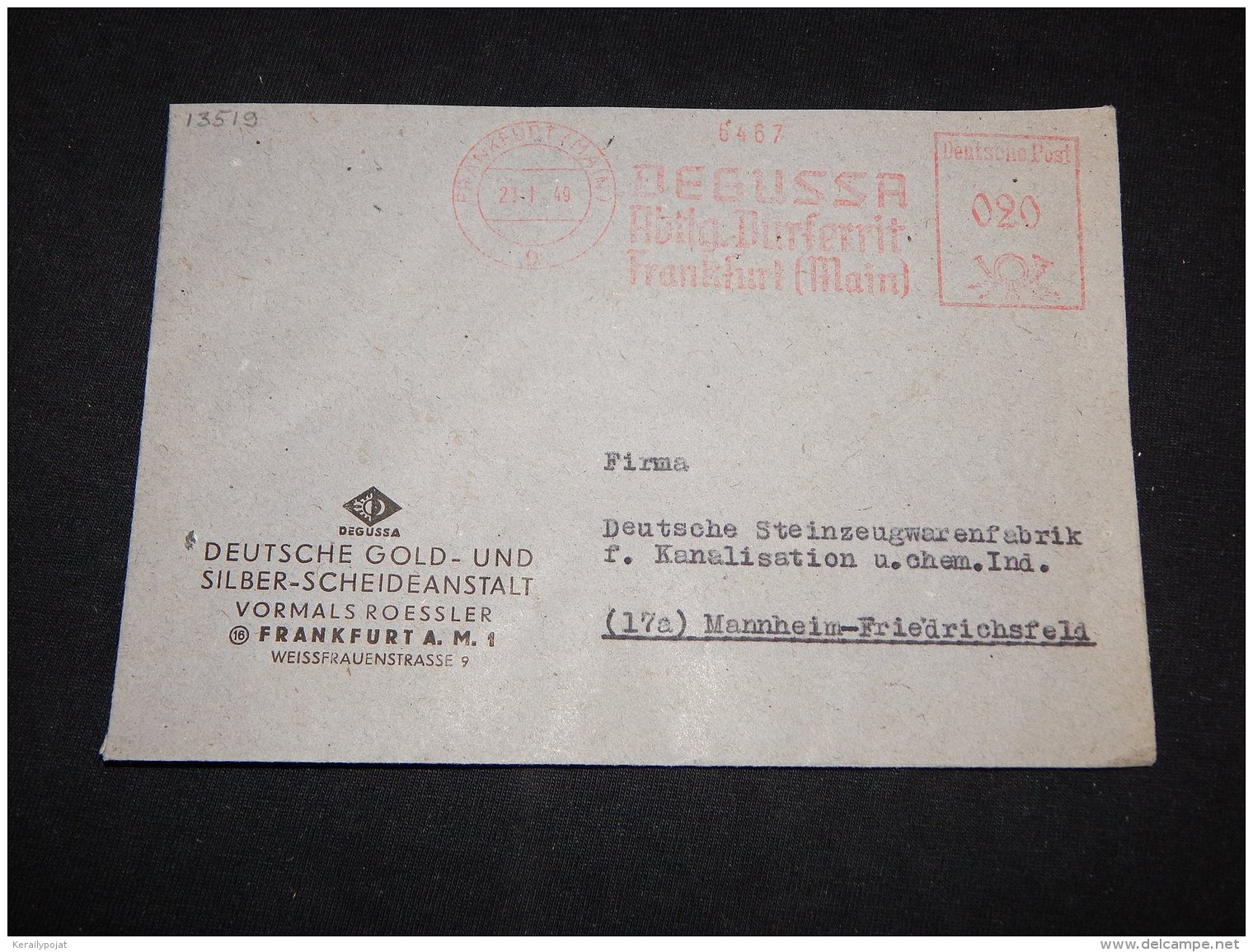 Germany 1949 Frankfurt Degussa Meter Mark Cover__(L-13519) - Sonstige & Ohne Zuordnung