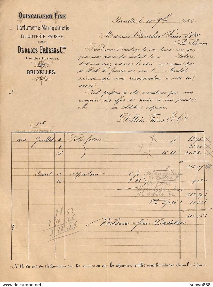 Quincaillerie Fine, Parfumerie Bijouterie Fausse, Deblois Frères, Rue Des Fripiers 27, Bruxelles 1884 - 1800 – 1899