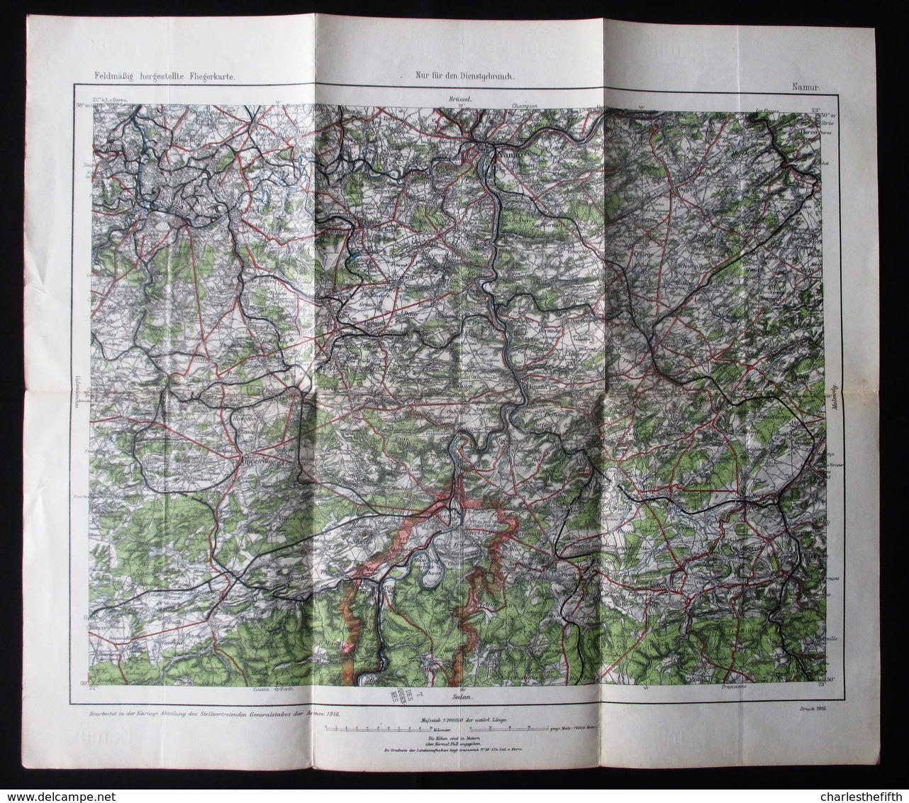 1916 CARTE D'ETAT MAJOR NAMUR POUR PILOTES ALLEMANDS - ORDNANCE SURVEY MAP FOR GERMAN PILOTS REGION OF NAMUR 1916 ! RARE - 1914-18