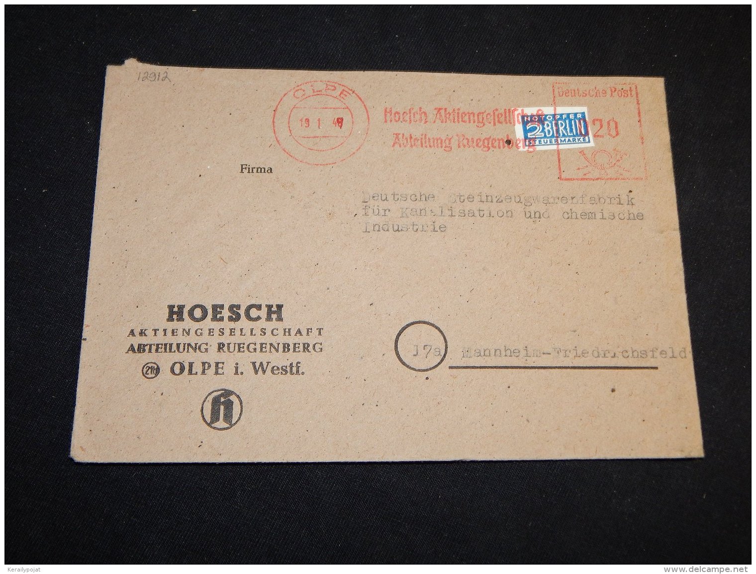 Germany Bizone 1949 Olpe Hoesch Meter Mark Cover__(L-12912) - Altri & Non Classificati