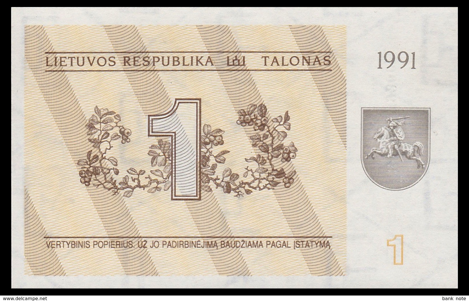 LITHUANIA 1 TALONAS 1991 WITH TEXT Pick 32b Unc - Lithuania