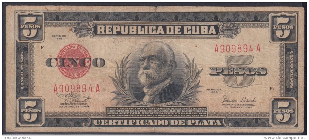 1938-BK-50 CUBA 1938 5 PESOS SILVER CERTIFICATE. CERTIFICADO DE PLATA. - Cuba