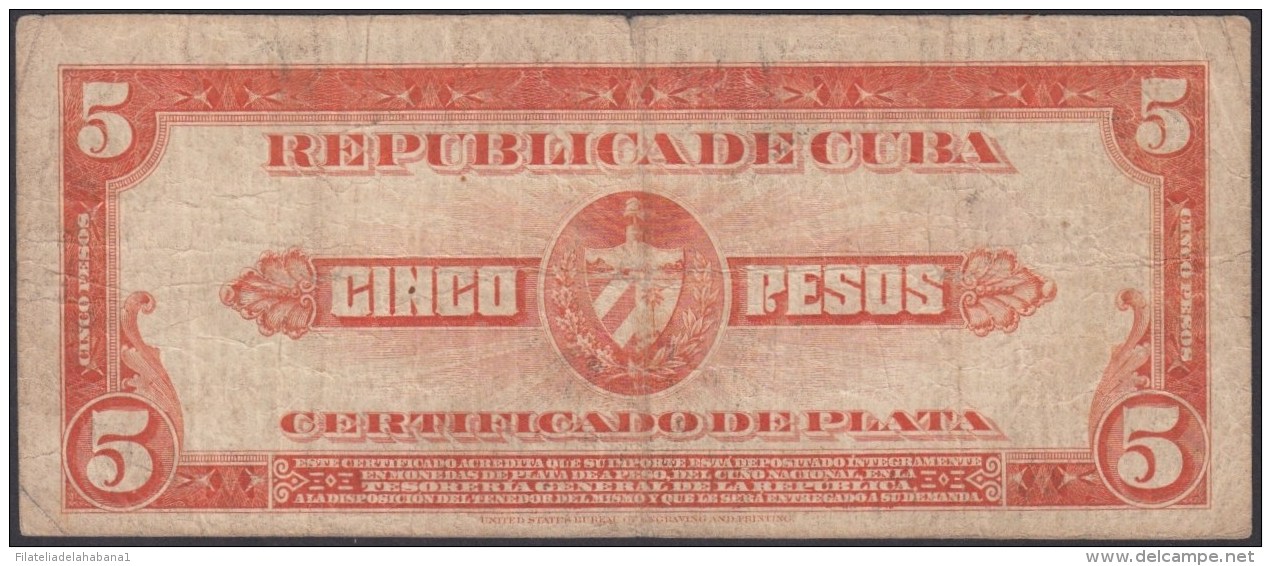 1938-BK-50 CUBA 1938 5 PESOS SILVER CERTIFICATE. CERTIFICADO DE PLATA. - Cuba