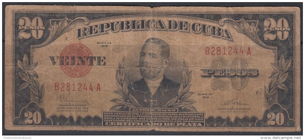 1945-BK-30 CUBA 1945 20 PESOS SILVER CERTIFICATE. CERTIFICADO DE PLATA. - Cuba