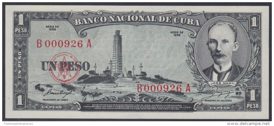 1956-BK-32 CUBA 1956 1 PESO JOSE MARTI. UNC. NUMBER 0000926. - Cuba