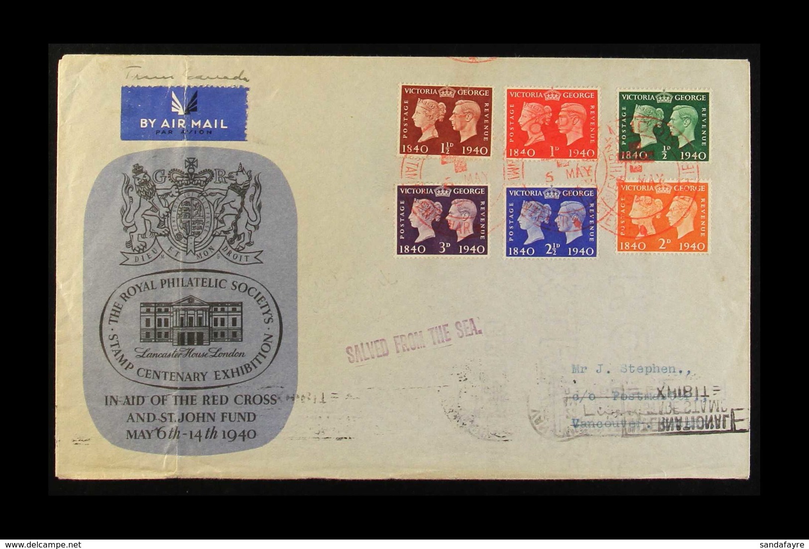 WRECK MAIL 1940 STEAMER "EROS" SUNK BY U-BOAT  OFF IRELAND (5th May) GB Stamp Centenary "Royal" FDC With Special Red Cro - Sonstige & Ohne Zuordnung