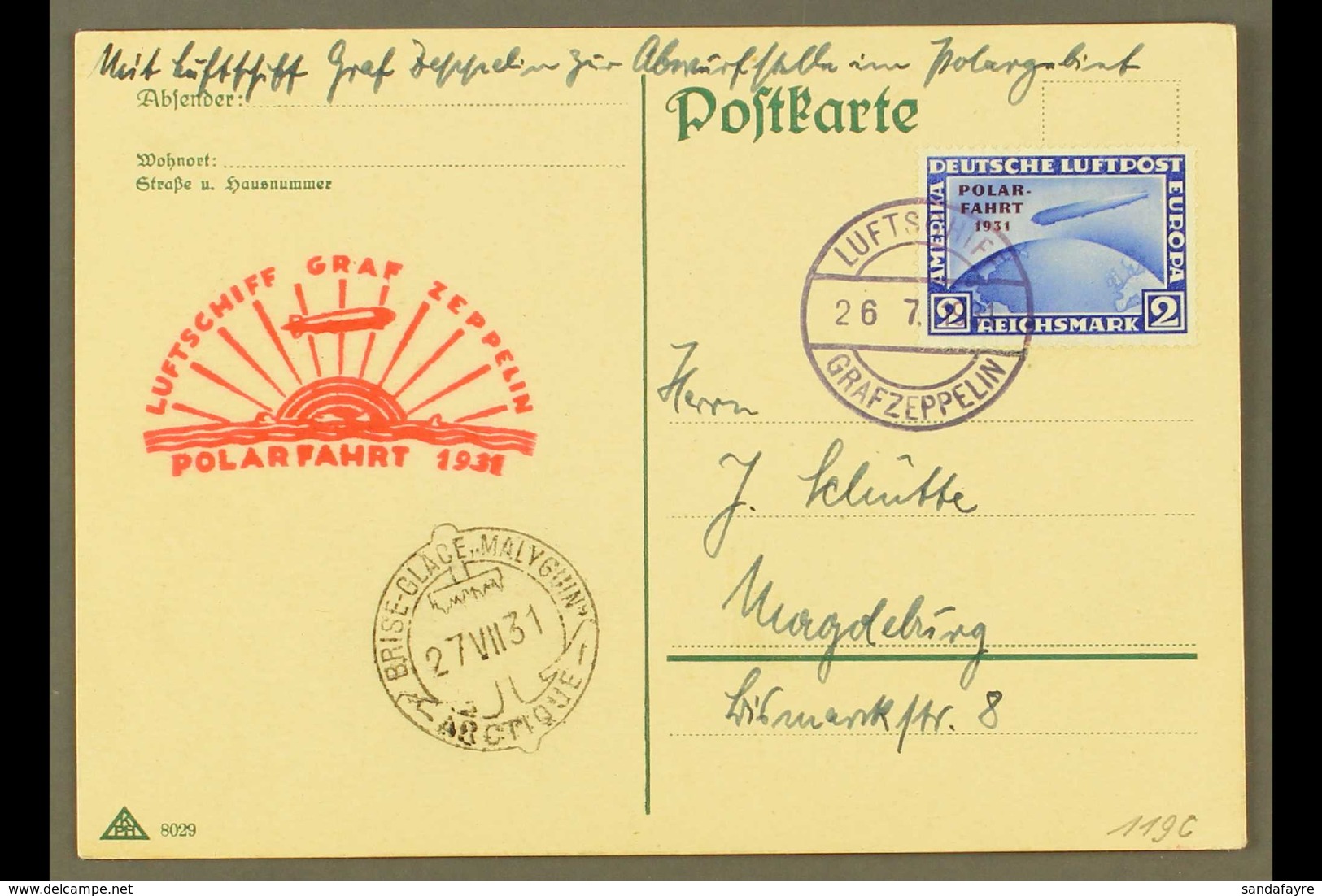 ZEPPELIN MAIL 1931 POLAR FLIGHT 2Rm Blue Overprinted "Polarfahrt 1931", Extremely Fine And Fresh, Tied On Card To Magdeb - Ohne Zuordnung