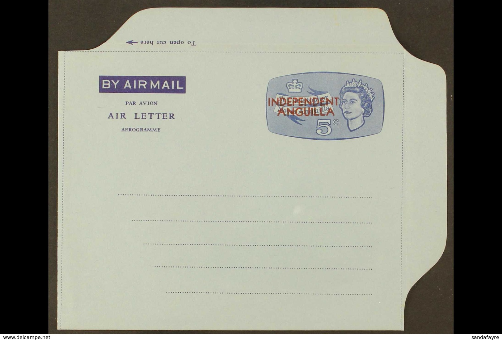 AEROGRAMME 1967 5c Blue On Light Blue, Postal Stationery Air Letter, Overprinted "INDEPENDENT / ANGUILLA" In Red With "I - Anguilla (1968-...)