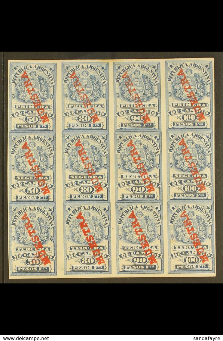 REVENUES BILLS OF EXCHANGE 1878 IMPERF PROOFS SE-TENANT BLOCK Of 12 (4x3) Printed In Blue On Gummed Thick Card, Containi - Other & Unclassified