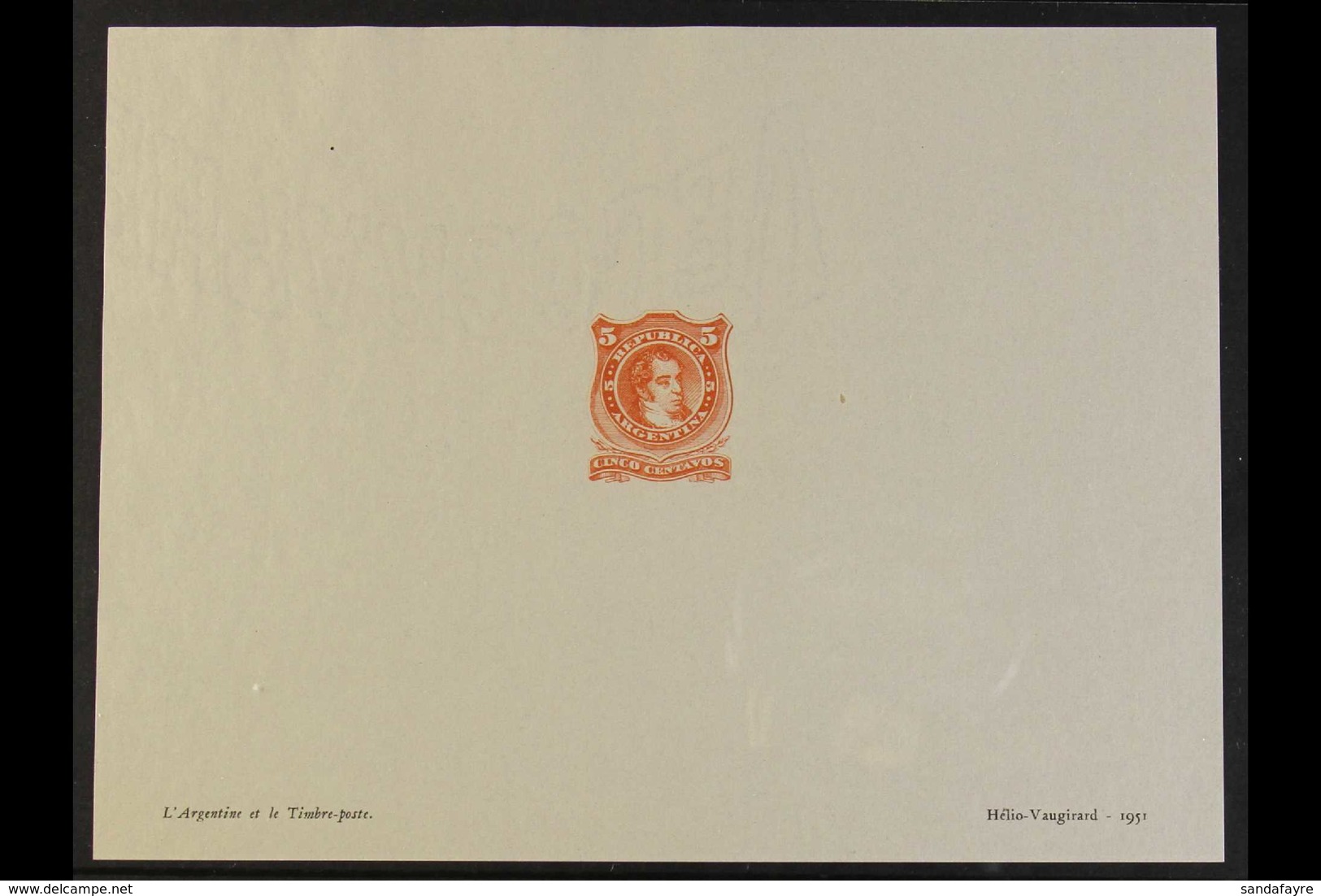 SAMPLE DIE PROOF 1951 Helio-Vaugirard Printer's Sample Imperf Die Proof Of The 1867-68 5c Rivadavia Issue (Scott 20, SG  - Sonstige & Ohne Zuordnung