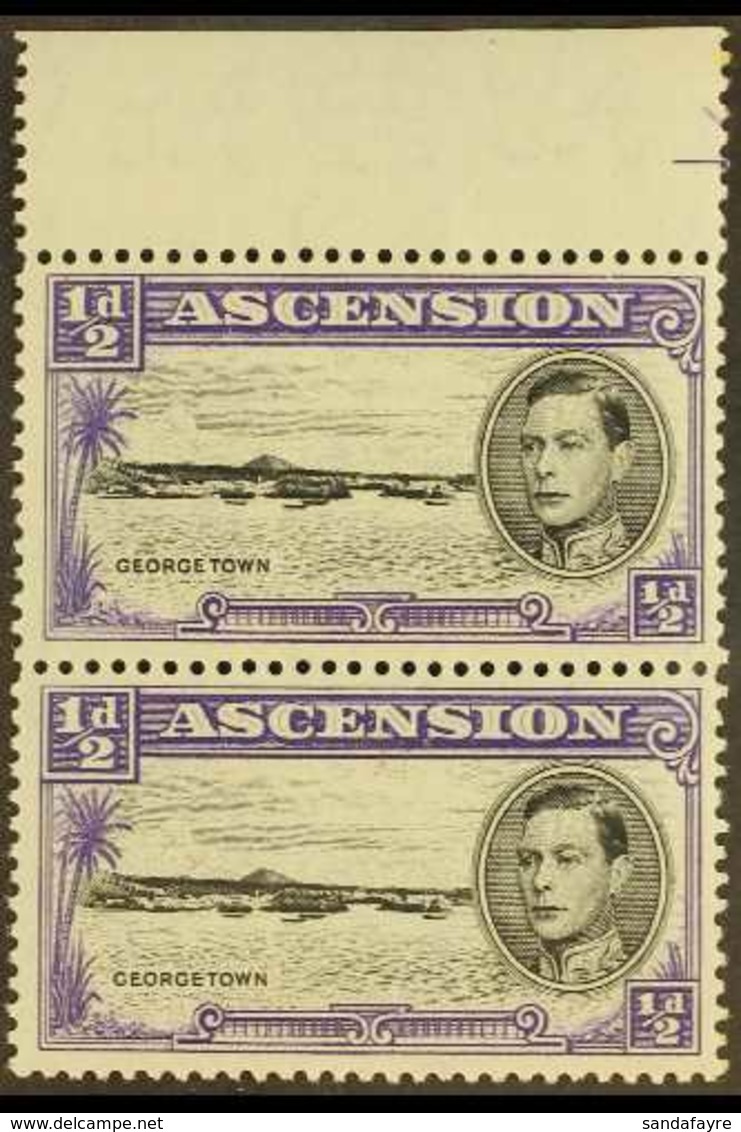 1944 ½d Black And Violet Perf. 13, Vertical Upper Marginal Pair, One Showing Long Centre Bar To "E", SG 38ba, Never Hing - Ascensione